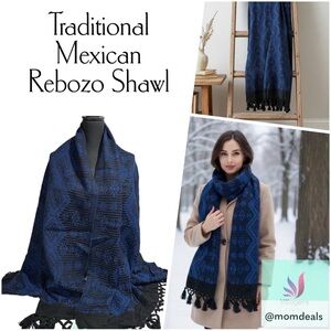 Traditional Mexican Rebozo Shawl in Black & Blue Semi-Thick Wrap Poncho Cape NEW